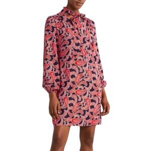 Boden New Dress Shift Tie Neck Long Sleeves Red Blue Paisley Women’s Size 10